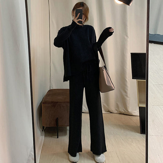 Damen Modischer Strickanzug mit oversized Pullover und weiten Hosen EB