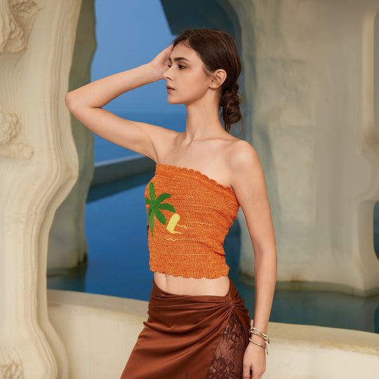 Damen bauchfreies Stricktop mit tropischem Motiv EB