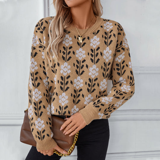 Damen lässiger Pullover mit floralem Muster und Rundhalsausschnitt EB