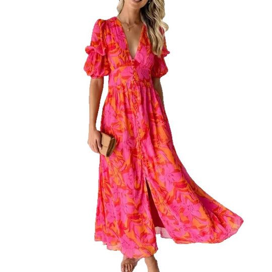Damen Maxikleid mit Blumenmuster und V-Ausschnitt EB