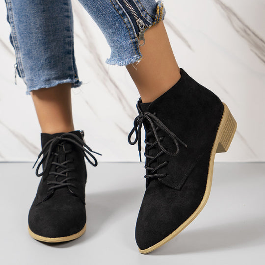 Damen nan knöchelhohe Schnürstiefelette aus Veloursoptik mit seitlichem Reißverschluss und niedrigem Blockabsatz EB