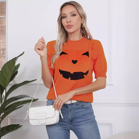 Damen Kurzarm-Pullover mit lässigem Kürbis-Motiv Heidi-Mode