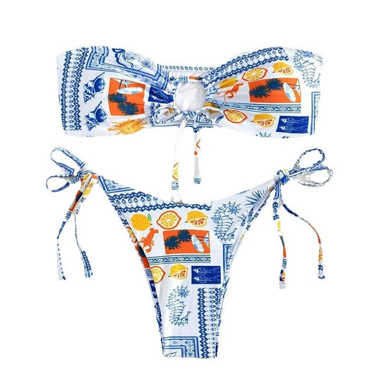 Damen Bandeau-Bikini mit floralen Mustern und raffinierten Bindebändern EB