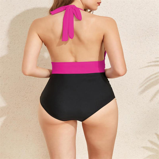 Damen Einteiler Badeanzug mit tiefem V-Ausschnitt und hohem Taillenslip EB
