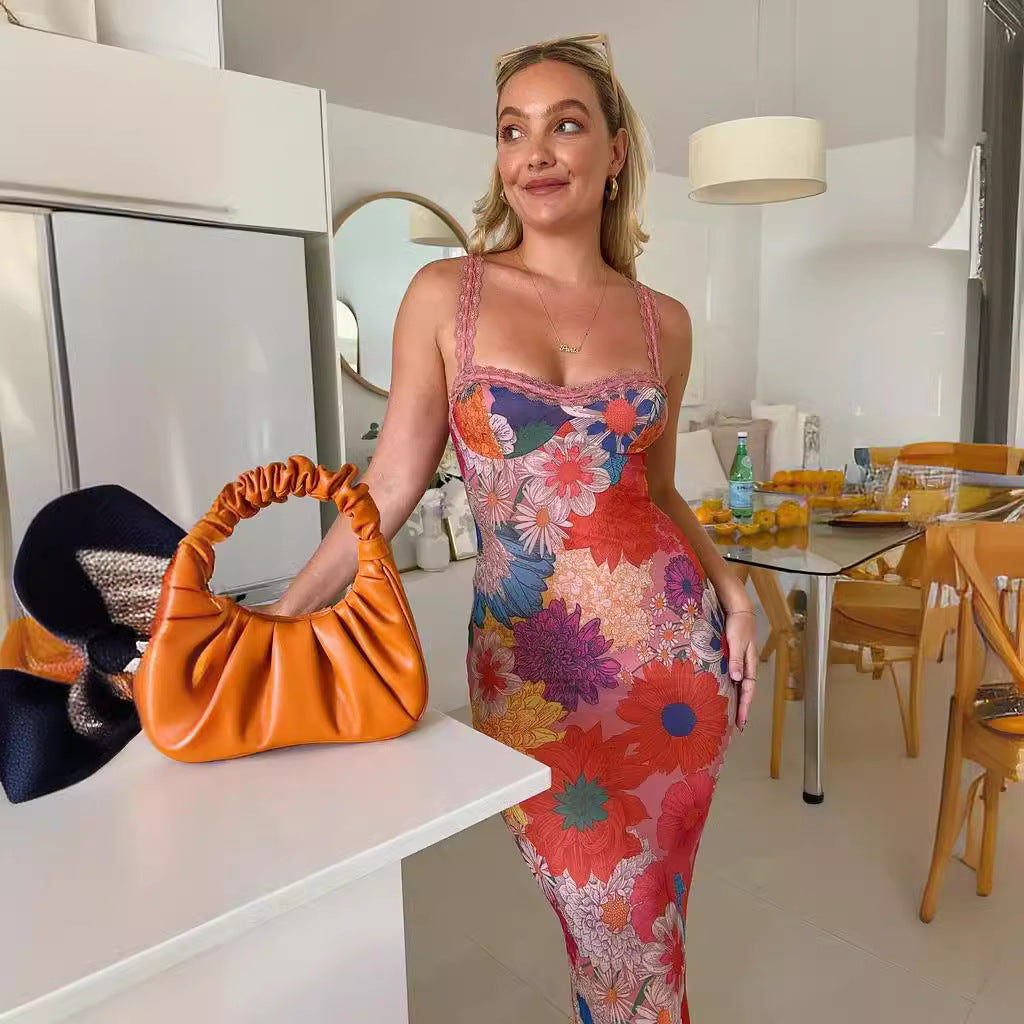 Damen Blumen-Midi-Kleid mit Spitzenträgern und figurbetontem Schnitt EB