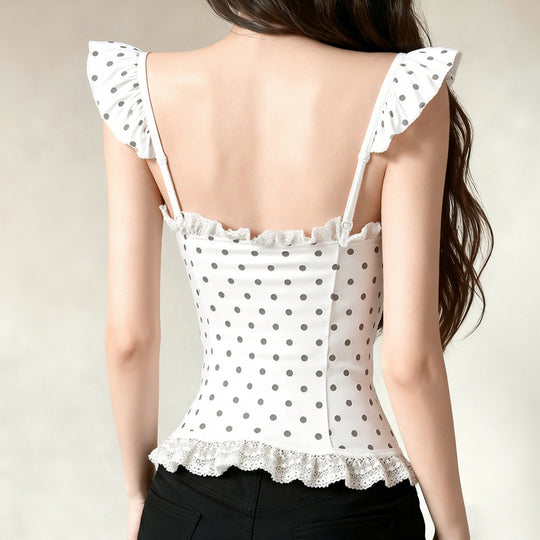 Damen Spitzen-Corsage mit verspieltem Punktdesign und Rüschendetails EB