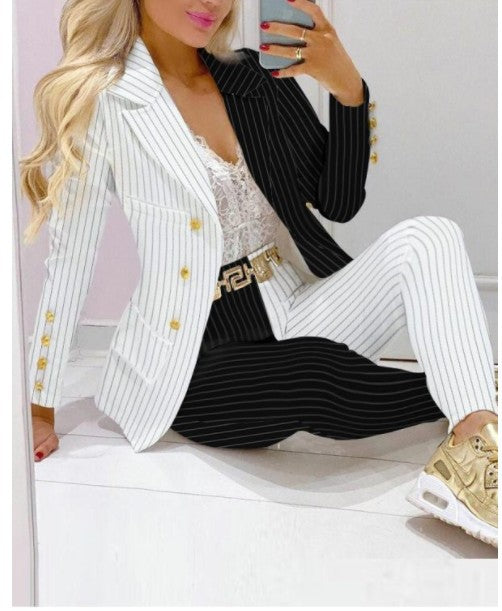 Damen Zweiteiliges Blazer-und-Hose-Set mit Schmetterlingsprint und glamourösem Glitzereffekt EB
