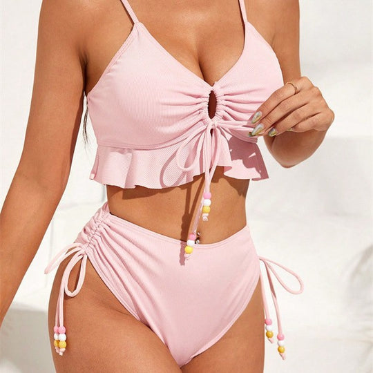 Damen Zweiteiliges Bikiniset mit gerafftem Oberteil und dekorativen Zierbändern EB
