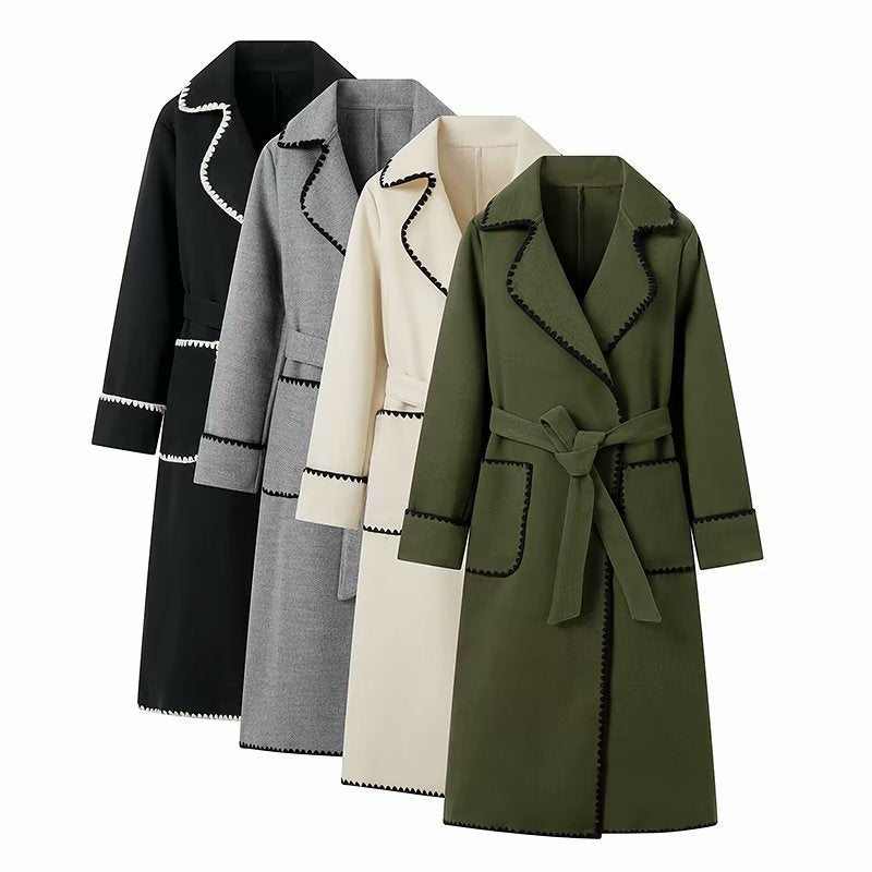 Damen elegante Übergangsjacke mit dekorativem Gürtel und hochwertigen Taschen EB