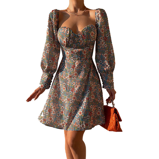 Damen Puffärmel Kleid mit romantischem Blumenmuster und herzförmigem Ausschnitt EB