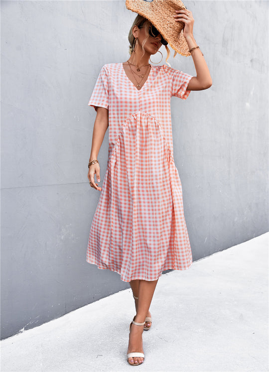 Damen V-Ausschnitt Midikleid mit kariertem Design und ausgestelltem Rock EB