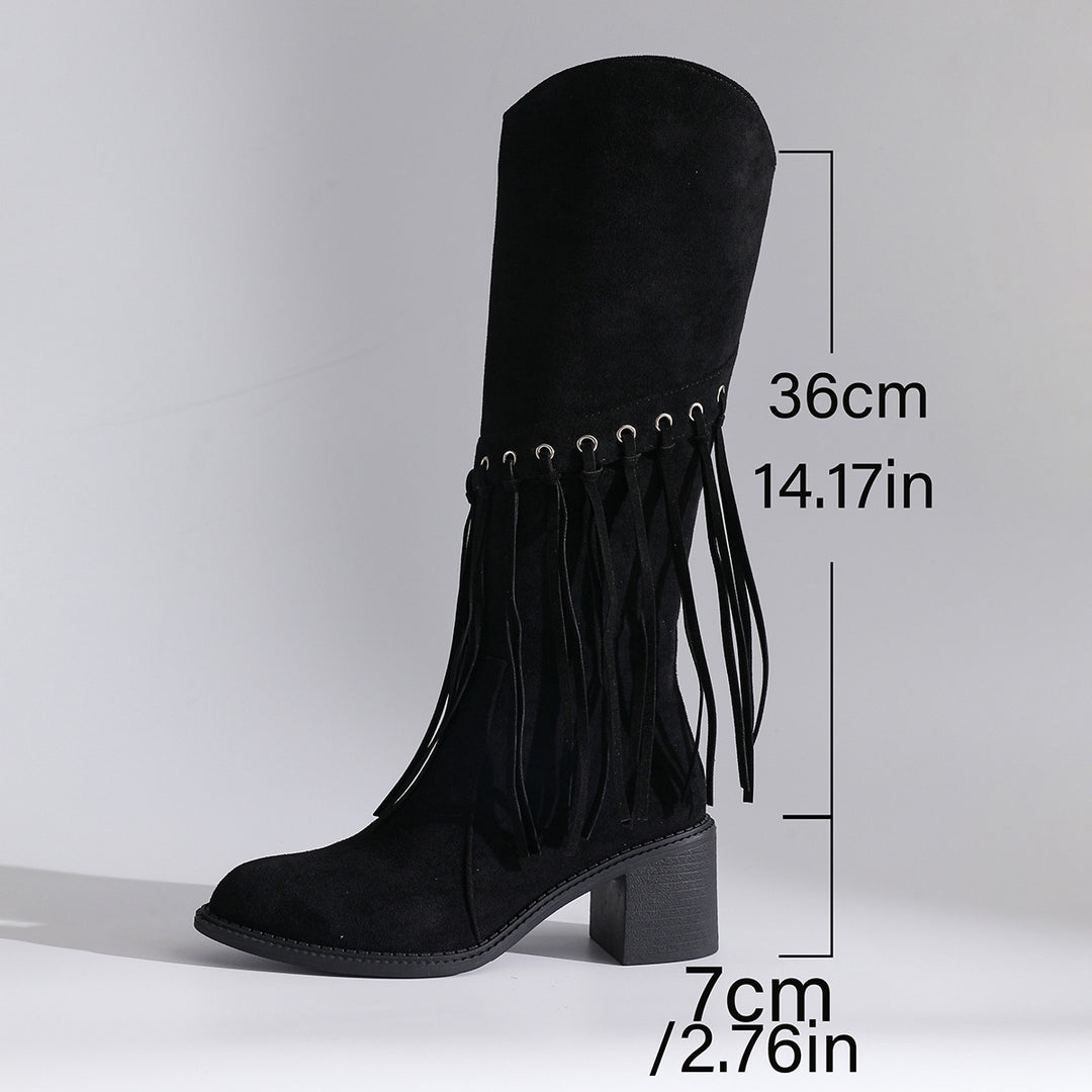 Damen wadenhohe Fransen-Stiefel in Wildlederoptik mit Ösendetail und mittelhohem Blockabsatz EB