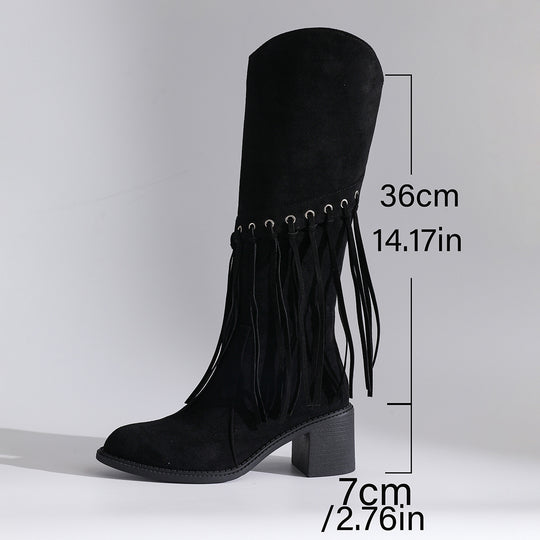 Damen wadenhohe Fransen-Stiefel in Wildlederoptik mit Ösendetail und mittelhohem Blockabsatz EB