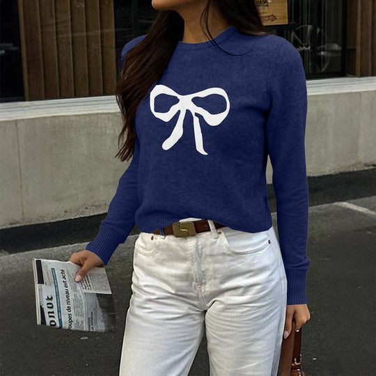 Damen nan Feinstrickpullover mit großem Schleifenprint, Rundhalsausschnitt und schmaler Passform EB