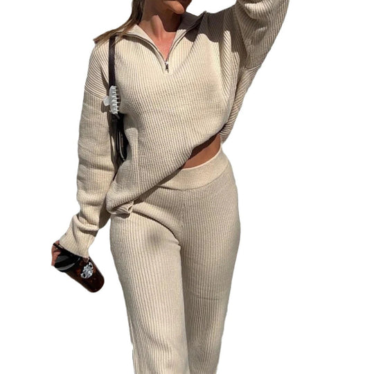 Damen geripptes Strick‑Loungewear‑Set mit halbem Reißverschluss und High‑Waist Leggings EB