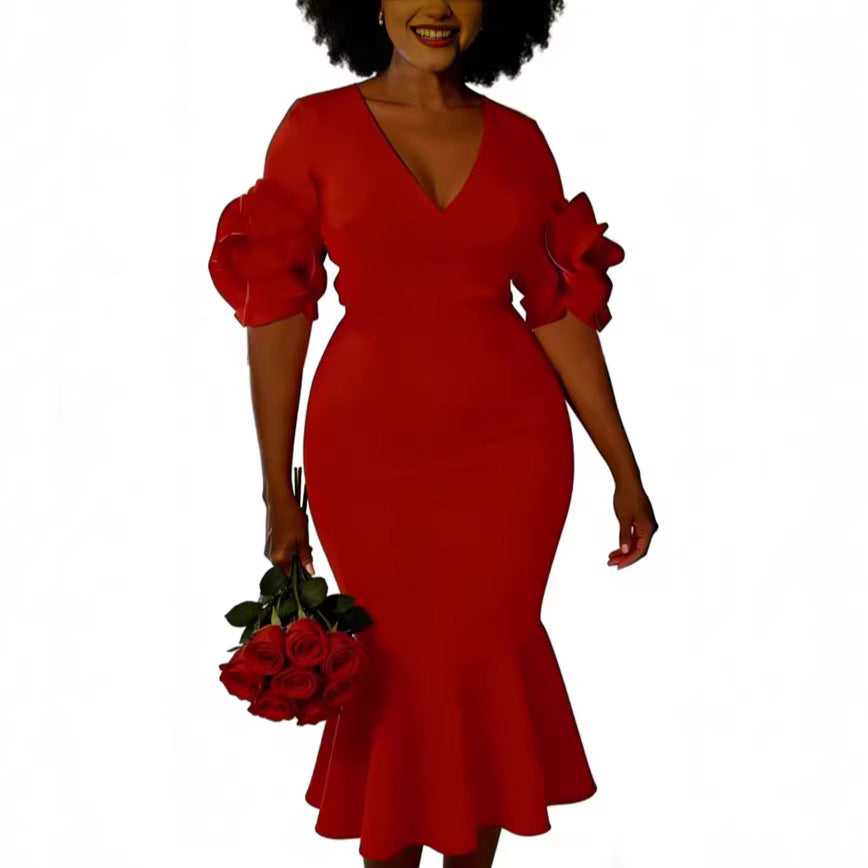 Damen figurbetontes Kleid mit Volantärmeln und Spitzen-Akzenten EB