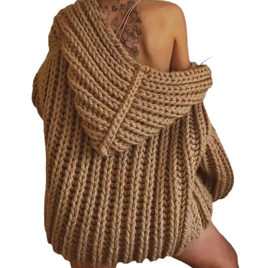 Damen Grobstrick-Hoodiejacke mit oversized Passform und tiefem Kragen EB