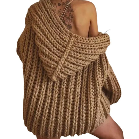 Damen Grobstrick-Hoodiejacke mit oversized Passform und tiefem Kragen EB