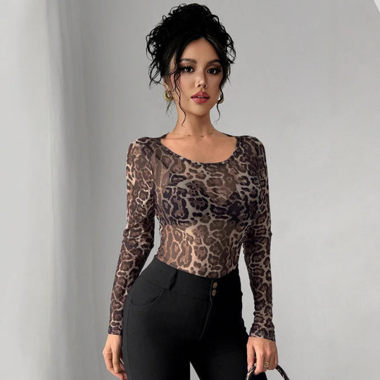 Damen Transparente Langarm-Bluse mit Leopardenmuster EB