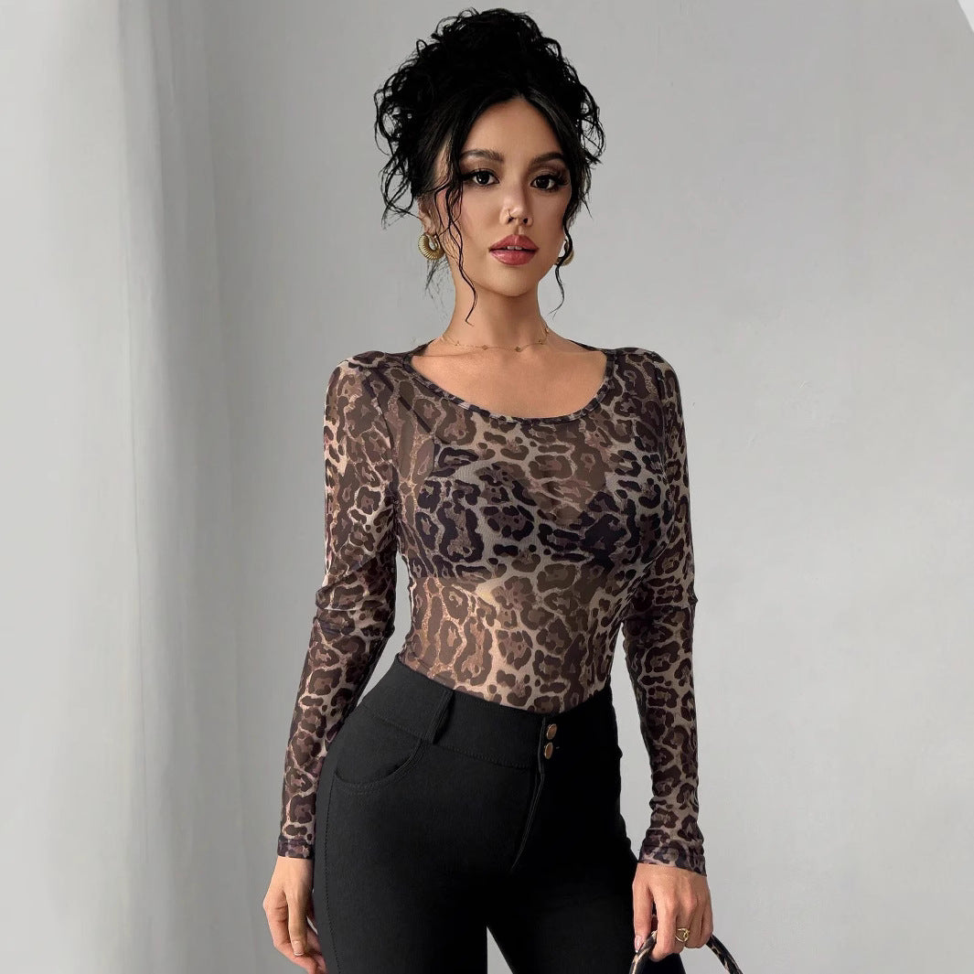 Damen nan eng anliegendes semitransparentes Meshshirt mit Leopardenmuster und Rundhalsausschnitt EB