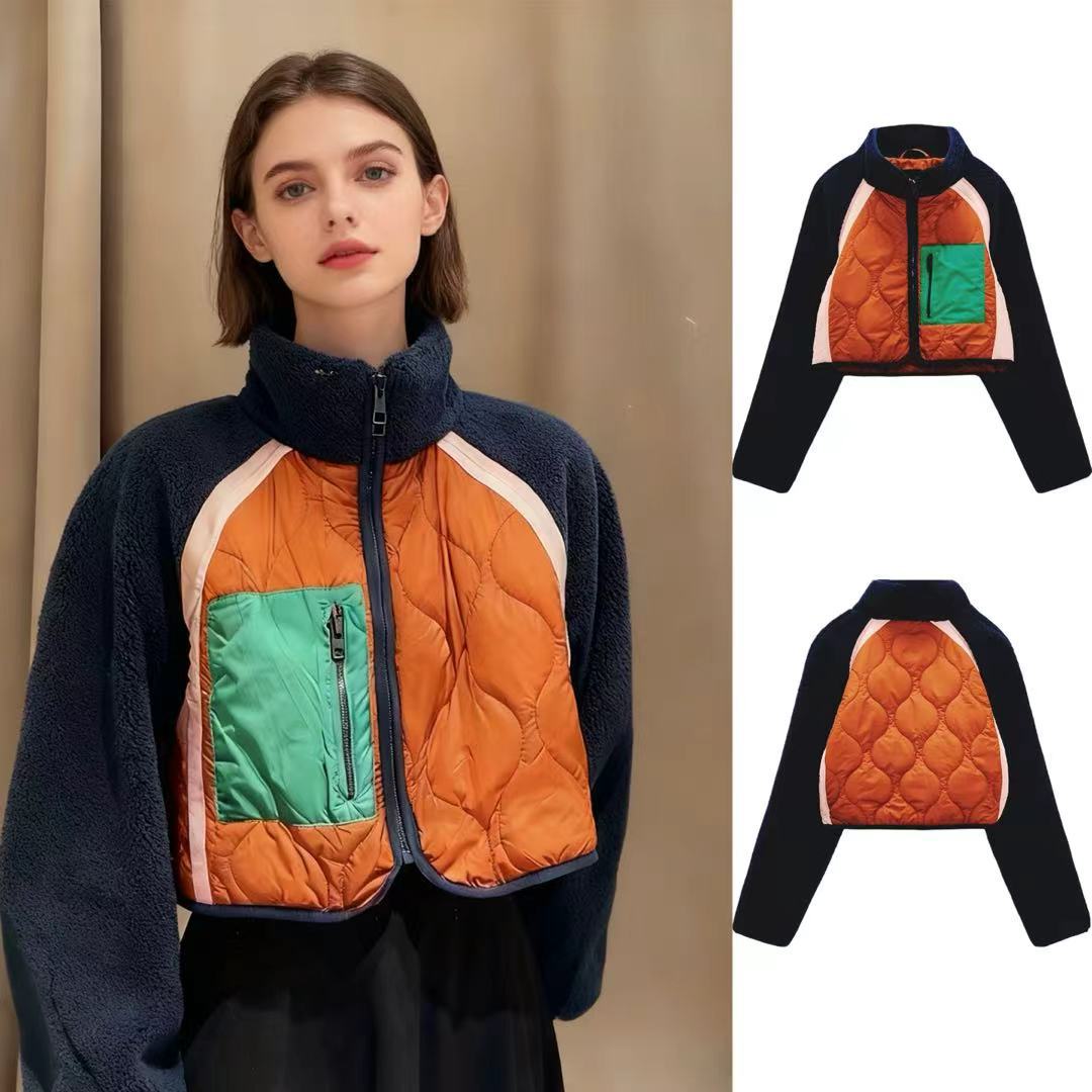Damen nan kurz geschnittene gesteppte Fleecejacke mit Stehkragen, Raglanärmeln und Reißverschlusstasche EB