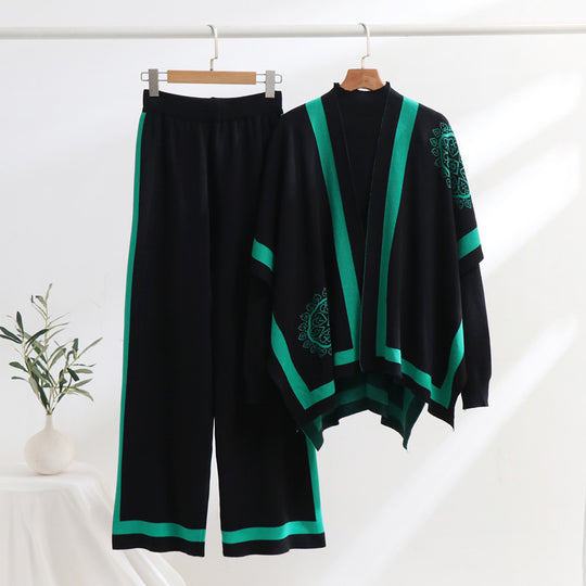 Damen elegantes Strick-Loungewear-Set mit grafischem Muster und weiten Ärmeln EB