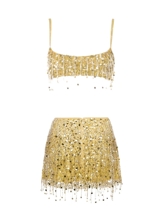 Damen Glitzerndes Crop-Top und Minirock-Set mit Fransen EB