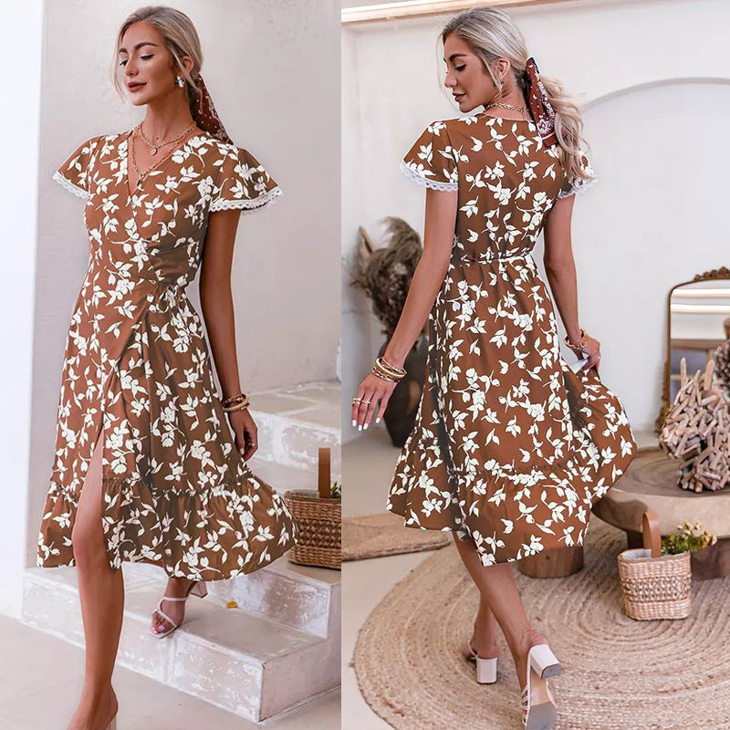 Damen Maxikleid mit floralem Motiv und hohem Schlitz EB