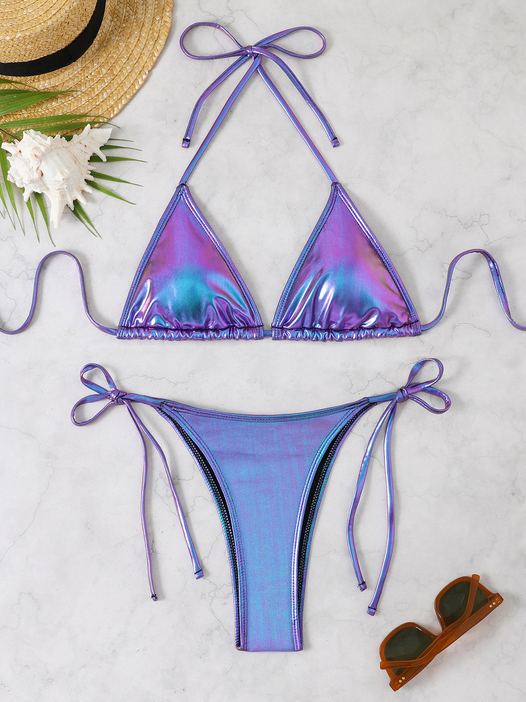 Damen Triangel-Bikini mit eleganter Metallic-Oberfläche und verstellbaren Bindebändern EB