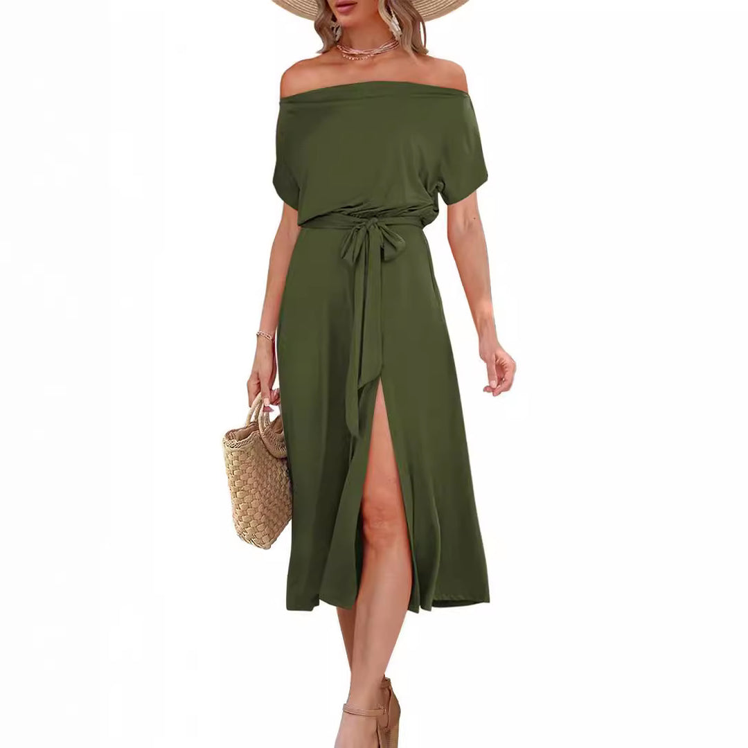 Damen Off-Shoulder Maxikleid mit Taillengürtel und seitlichem Schlitz EB