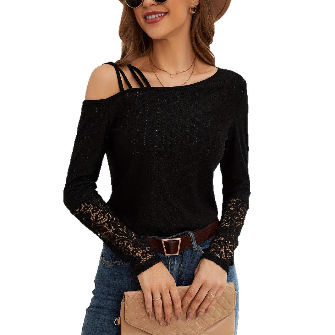 Damen Off-Shoulder Oberteil mit Spitzenbesatz und Trägerdesign EB