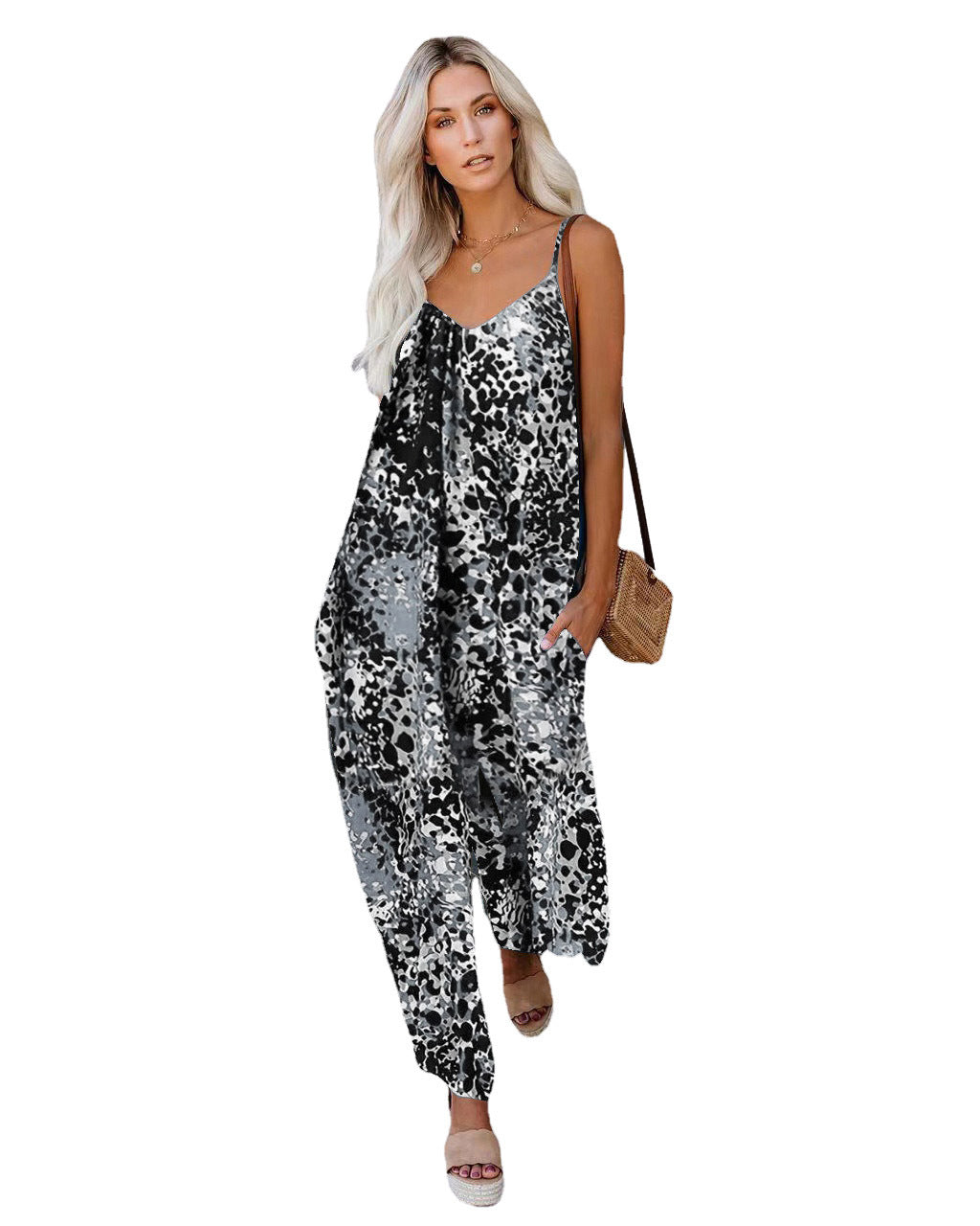 Damen Lässiger Jumpsuit mit verstellbaren Trägern und Blumenmuster EB