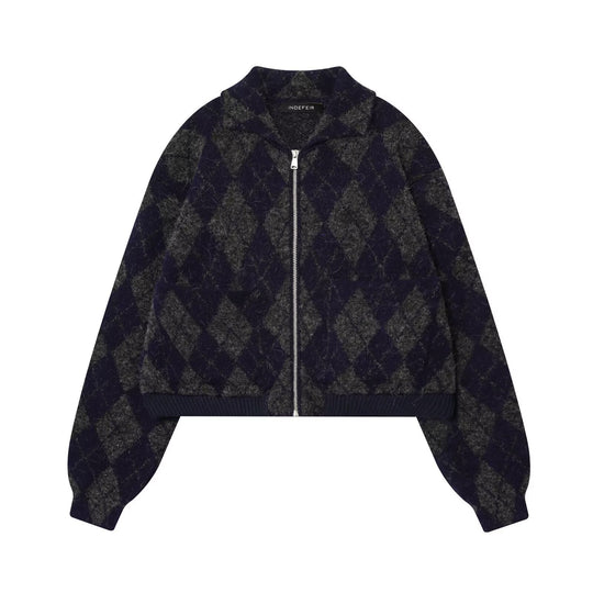 Damen modische Karojacke mit hohem Kragen und Reißverschluss EB