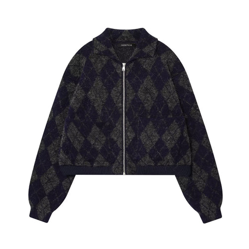 Damen modische Karojacke mit hohem Kragen und Reißverschluss EB