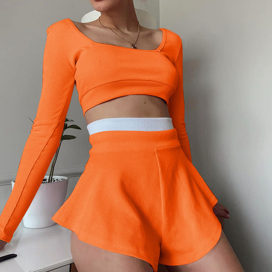 Damen sportliches Crop-Top und Short-Set mit weitem Saum EB
