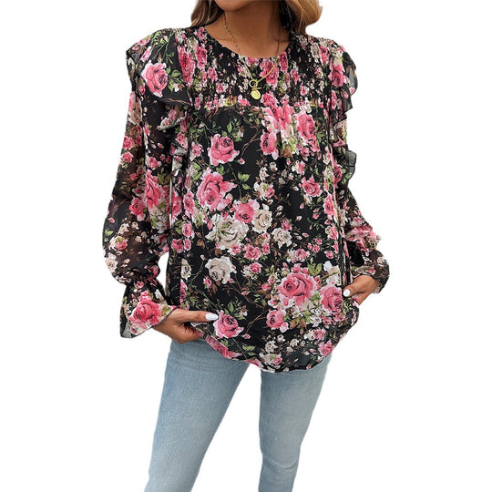 Damen nan geblümte Chiffonbluse mit geraffter Passe, Volantärmeln und lockerem Fall EB