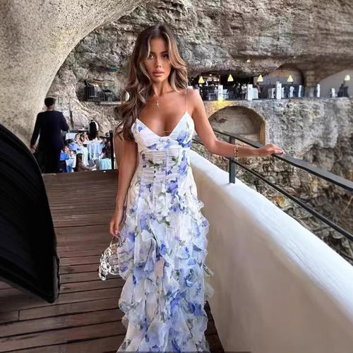 Damen Fließendes Chiffon Maxikleid mit Rüschendetails und floralen Akzenten EB