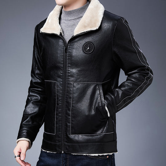 Herren Kunstleder‑Fliegerjacke mit durchgehendem Teddyfutter und Stehkragen EB