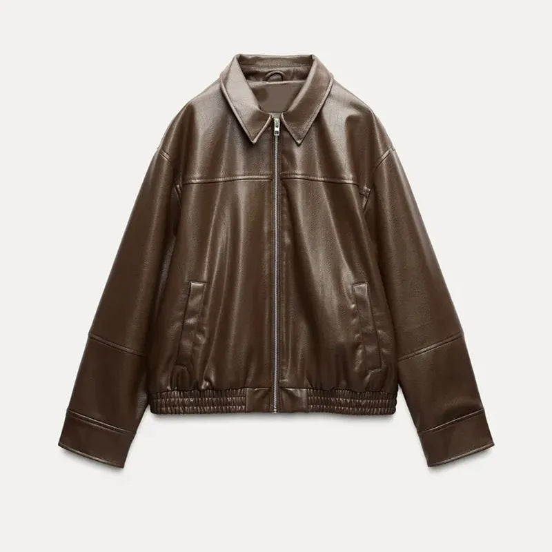 Damen modische Kunstlederjacke mit elastischem Bund EB