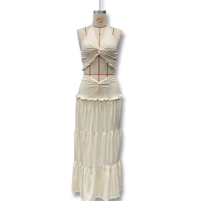 Damen Maxikleid mit raffiniertem Knotendesign und fließendem Rock EB