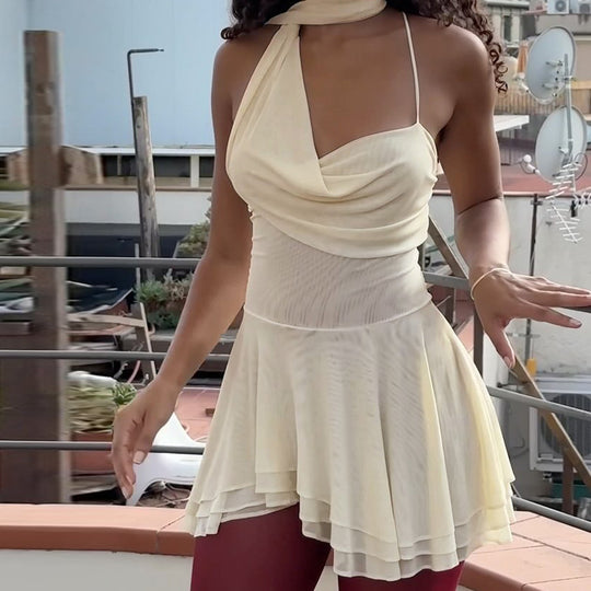 Damen elegantes asymmetrisches Mini-Kleid mit dekorativem Schulterband und fließendem Saum EB
