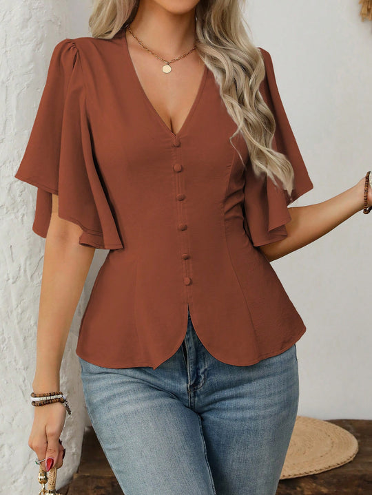 Damen elegante Bluse mit Glockenärmeln und Knopfdetail EB