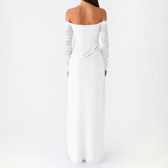 Damen Elegantes Hochzeitskleid mit schulterfreiem Ausschnitt und Spitzenärmeln EB