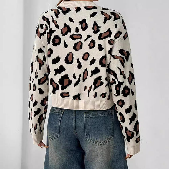 Damen Stilvolle Leopardenstrickjacke mit Bindebändern EB
