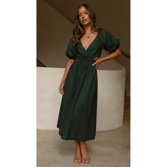 Damen Maxikleid mit elegantem V-Ausschnitt und puffärmeligen Details EB