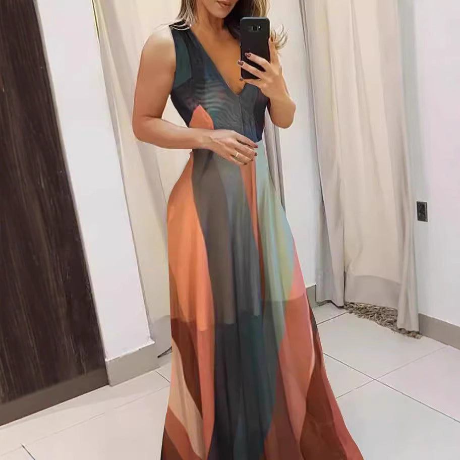 Damen Langes Maxikleid mit tiefem V-Ausschnitt und fließendem Schnitt EB