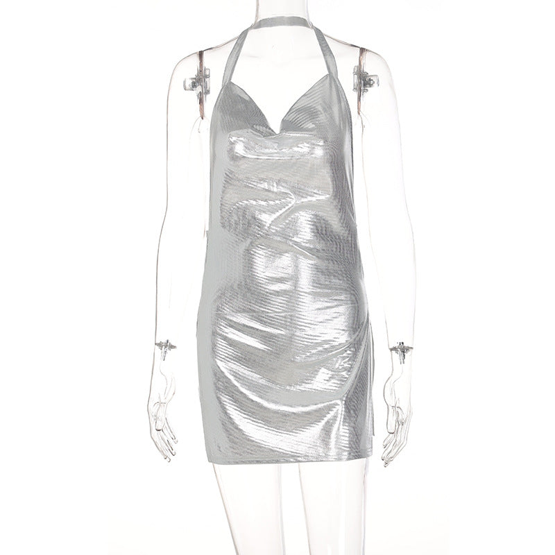 Damen glänzendes Minikleid im lässigen Chic-Stil mit Halternack EB