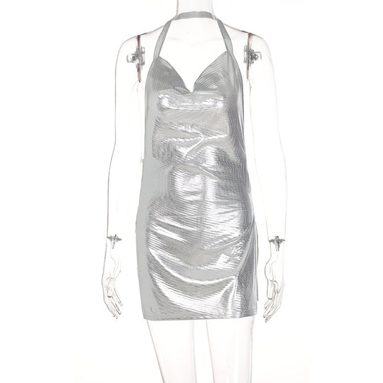 Damen glänzendes Minikleid im lässigen Chic-Stil mit Halternack EB