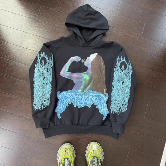 Unisex nan Kapuzensweatshirt mit Used-Frontdruck und Kängurutasche EB