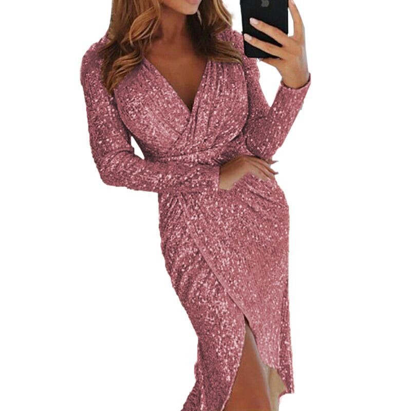 Damen nan glitzerndes Wickel-Midikleid mit V-Ausschnitt langen Ärmeln seitlichem Beinschlitz EB